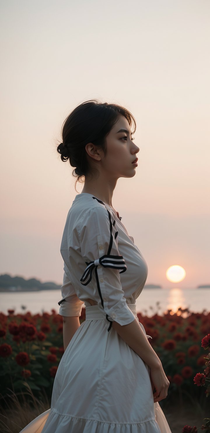 1girl, solo, short hair, black hair, White long skirt,whole body, flower, redscale, profile,sunset,movie mood,Beautiful