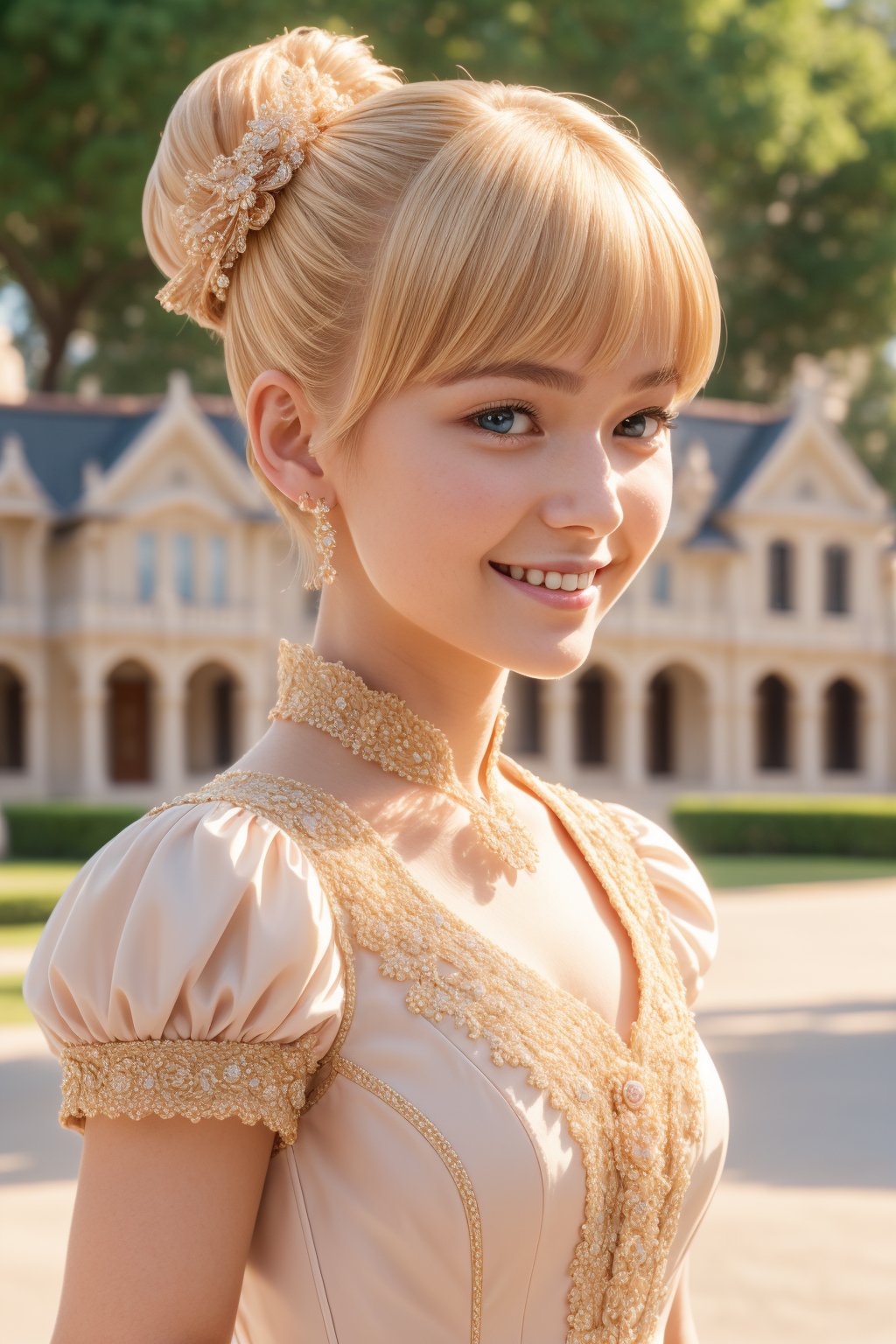 Pretty and charming girl. She wears a very elegant noblewoman oufit. She is a very cute girl. Hyperdetailing masterpiece, hyperdetailing skin, masterpiece quality, with 4k resolution. Charming smile. Short hair, himecut hairstyle, blonde hair. Mansion in background. She belongs to the nobility. bun hairstyle. tender and charming smile.