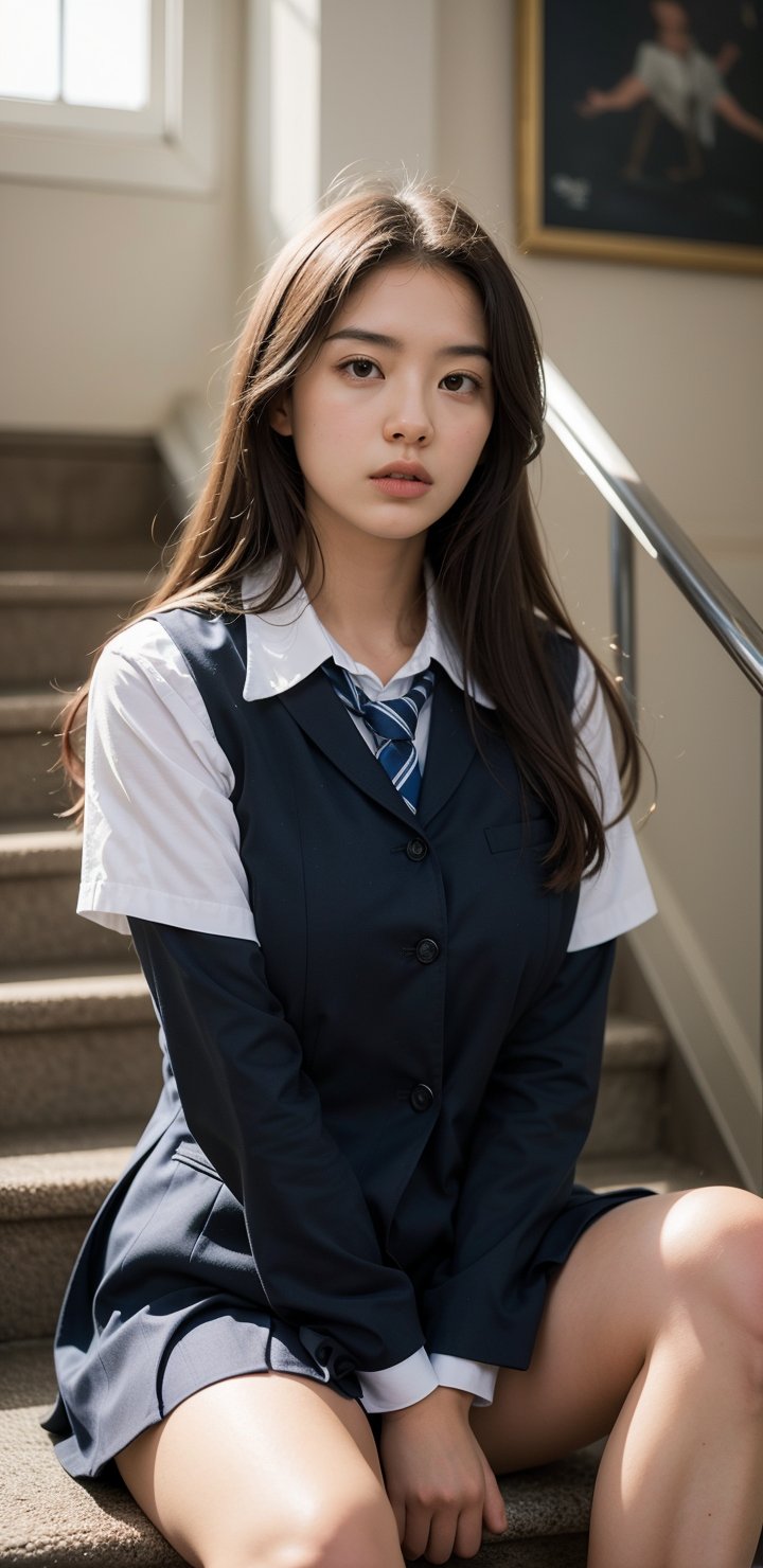 high school student,girl,school uniform,sitting on stair,Best Quality, 32k, photorealistic, ultra-detailed, finely detailed, high resolution, perfect dynamic composition, beautiful detailed eyes, sharp-focus, cowboy_shot, 