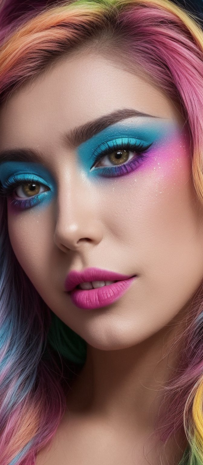 a close up of a woman with bright makeup and colorful eye makeup,  colorful rave makeup,  decora inspired by Ai Pro🏅 on T...