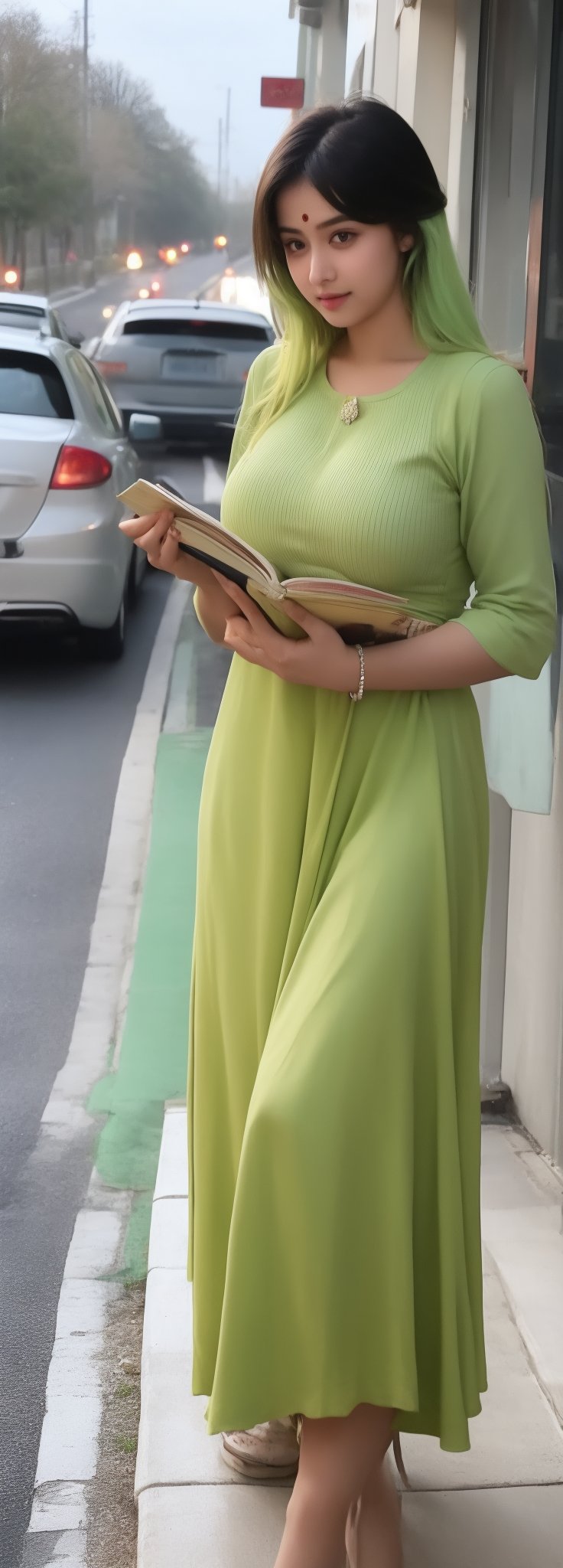 lovely  cute  young  attractive  indian  teenage  girl  in  a  pretty foreign dress,  23  years  old  ,  cute  ,  an  Instagram  model  ,  long  yellow-green_hair  ,  winter  ,  on the road  .  , books in hands „  Indian 