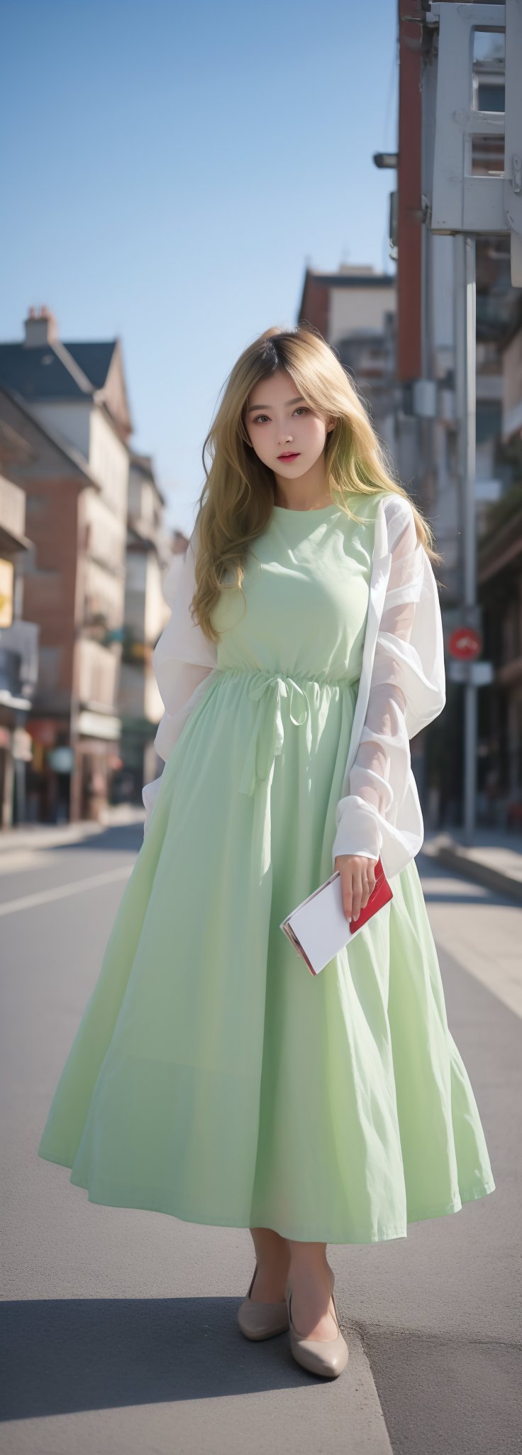 lovely  cute  young  attractive  Europe teenage  girl  in  a  pretty foreign dress,  23  years  old  ,  cute  ,  an  Instagram  model  ,  long  yellow-green_hair  ,  winter  ,  on the road  .  , „ Europe 