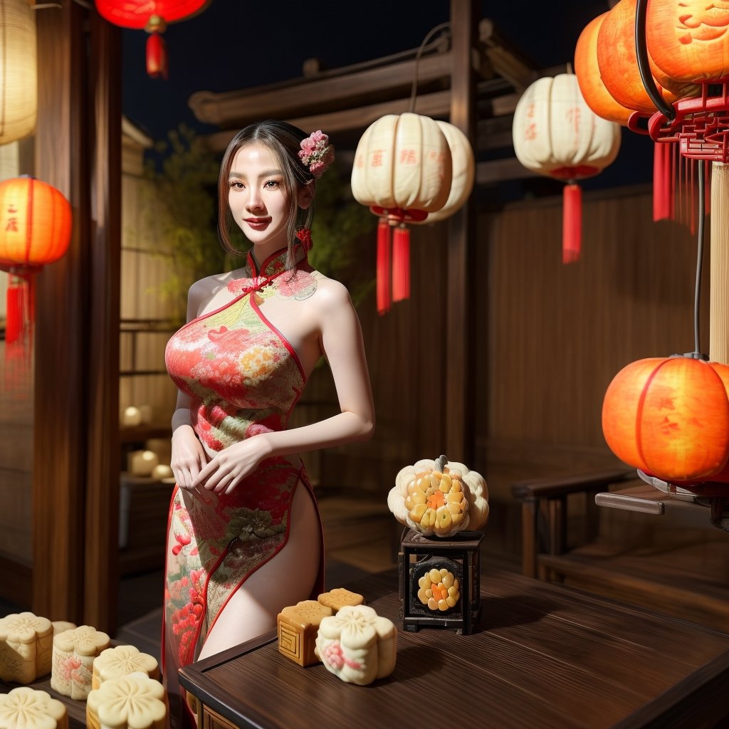 1womanl, 20yr old,((Chinese female celebrity)),The lens is shot from top to bottom,Chinese costumes,Gorgeous,the night,Ancient Chinese architecture,Chinese elements,Wooden dining table,((Mid-Autumn Mooncakes)),candlestick,Candle,lantern,,baifernbah