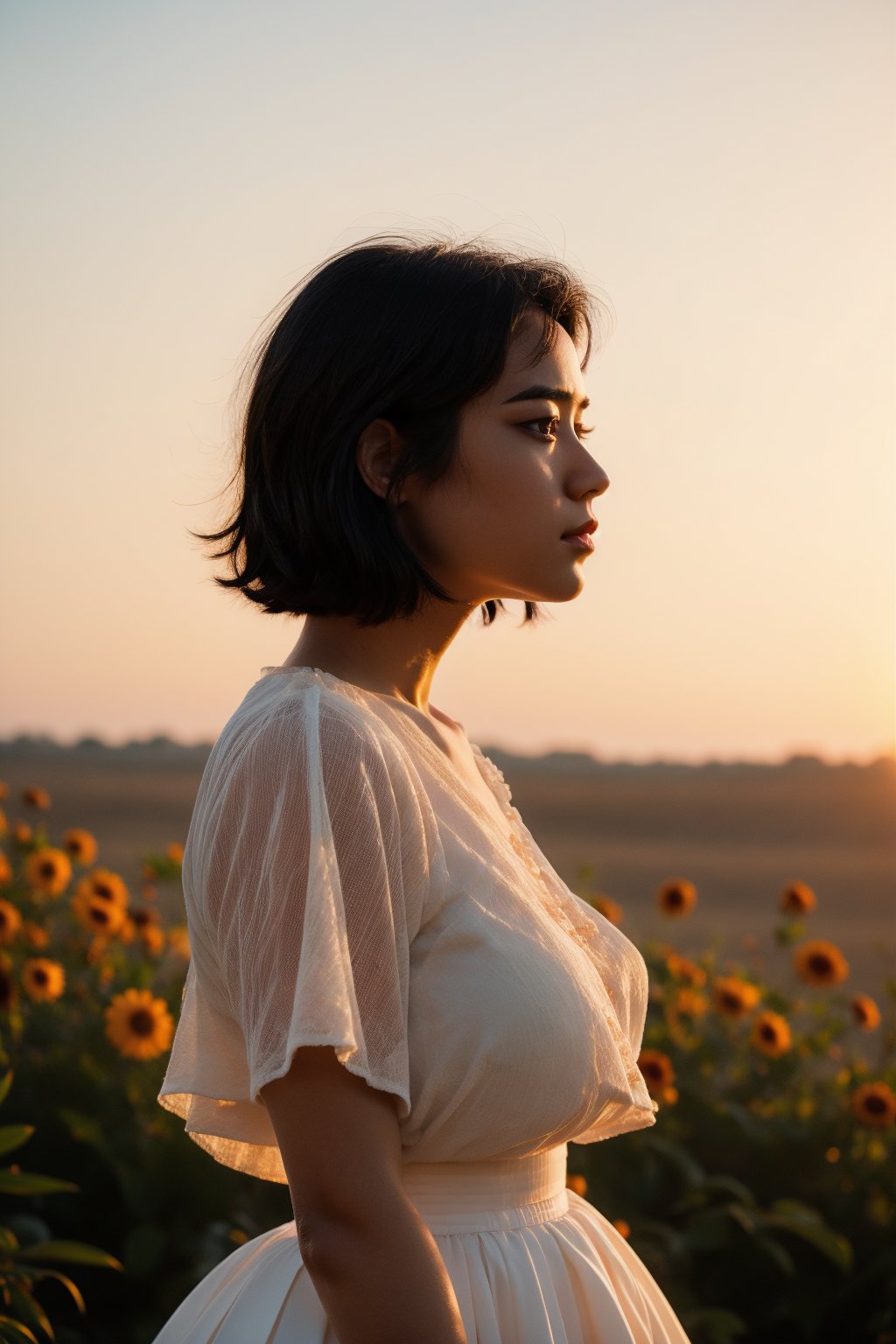 1girl, solo, short hair, black hair, White long skirt,whole body, flower, redscale, profile,sunset,movie mood,Beautiful