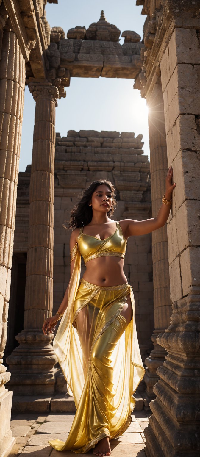 A sultry Indian woman stands amidst ancient temple ruins, bathed in soft golden light that illuminates her radiant skin. She dances, midriff exposed, fluid movements evoking the beauty of a blooming lotus. Warm rays dance across weathered stone walls as she sways to gentle chanting and rustling leaves. Her eyes aglow with devotion, surrounded by serenity and spiritual harmony. The transparent cloth clings to her curves as she moves, shimmering in the golden light. The temple's ancient stones provide a majestic backdrop for her ethereal dance.