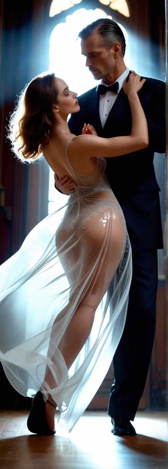 a masterpiece, stunning detail, an action shot, low angle, (top quality)), ((masterpiece)), sexy lady in long transparent dress tango with a man