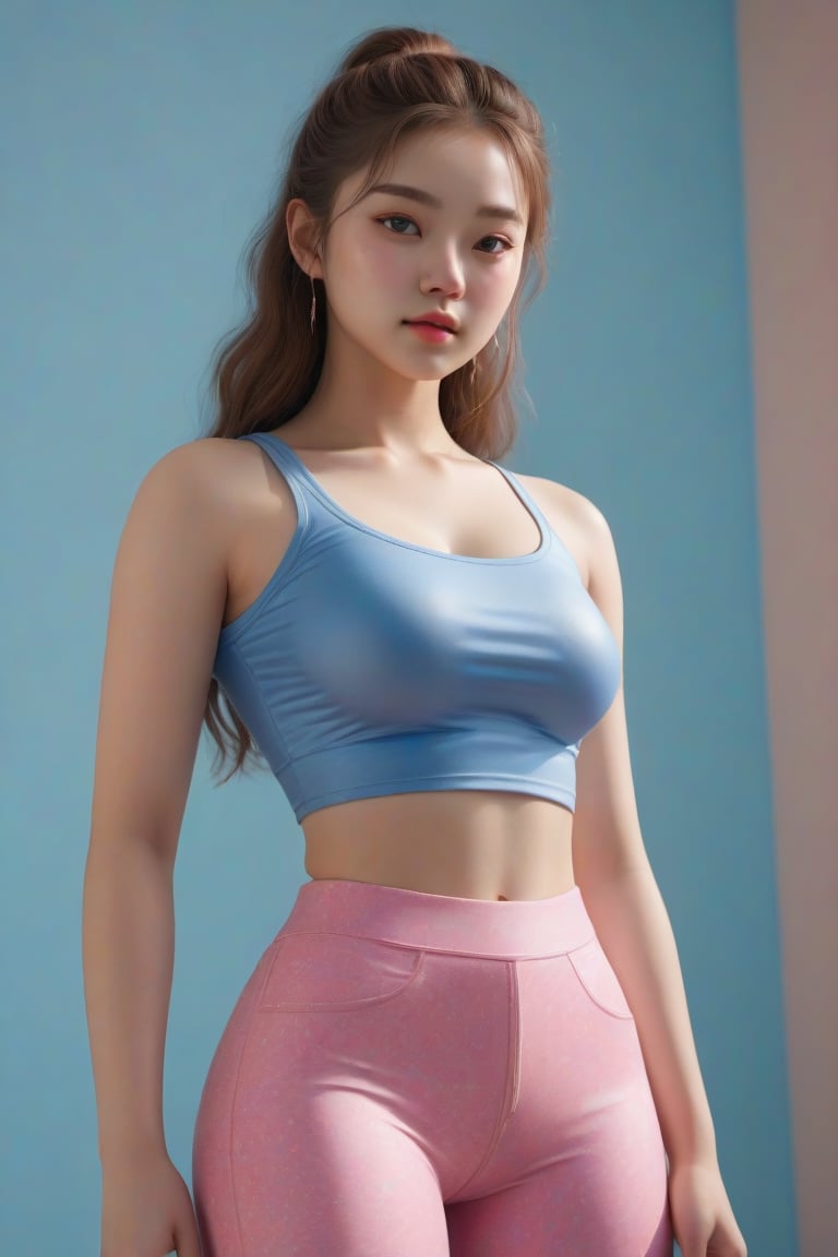 (realistic:1.3) , finely detailed, quality, (masterpiece:1.2) , (photorealistic:1.2) , (best quality) , (detailed skin:1.3) , (intricate details) , ray tracing, dramatic, 1 girl, (cute Ethereal Female), (film grain:1.2), blue crop top tshirt, pink leggings,H Cup, Stand still, 172cm, tall, Curvy hip, 