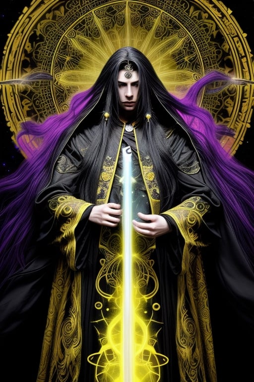 a man, mage, yellow long hair, dark fantasy, detailed yellow and black cosmic robe, cosmic staff