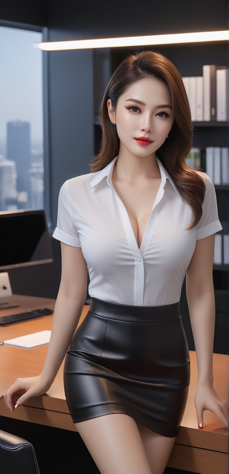 8k ultra realistic image, full length perspective wide angle detail. in the study room, next to the office desk, files, office supplies such as pc and printer. ((((a secretary woman))) the body of a gorgeous woman with wet lips, open mouth, glasses, low-cut breasts, mini skirt, plump body, looking as if she is ready to make love. She has a very sexy appearance, sex-seeking eyes and body attitude (in the office photo of a 28-year-old girl, ultra quality (natural skin texture), mysterious look, (black hair), dried lips, (((slightly freckled face))), (dark shot), (very high contrast), dramatic shadows, professional makeup, perfect composition, (high quality), (ultra detail), (high resolution), (masterpiece), (intricate and beautiful), (extraordinarily beautiful), (fine detail, beautiful hazel eyes and detailed face), (hyperrealism) photorealistic, hyperrealistic, high definition, cinematic, UHD, HDR, 8k, highly detailed)