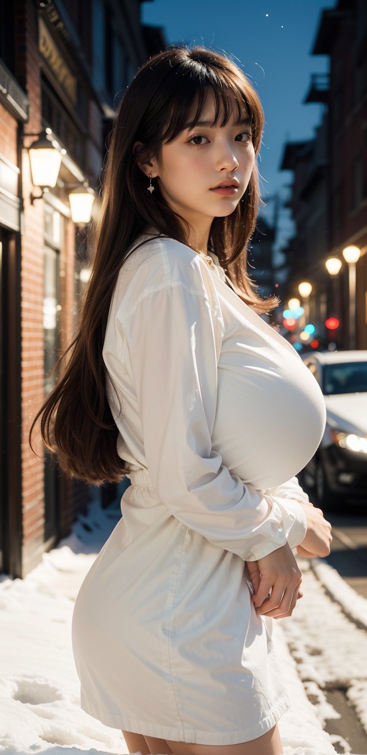 Beautiful and delicate light, (beautiful and delicate eyes), pale skin, big smile, brown eyes, black brown long hair, dreamy, c cup chest, 2000s (style), front shot, Asian girl, bangs, soft expression, height 170, elegance, bright smile, 8k art photo, realistic concept art, realistic, portrait, necklace, small earrings, handbag, fantasy, jewelry, shyness,  white_shirt, one piece dress, snowy street, footprints, stars_(sky), night_sky, ,JeeSoo 