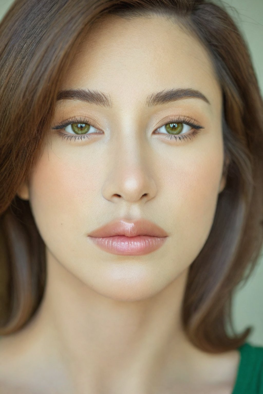 portrait of a confident, beautiful young woman. her shoulder length brown hair frames her face. natural beauty. beautiful green and brown eyes. catchlights in the eyes. full lips. The image has a neutral color tone with natural light setting. f/5.6 50mm, close-up, sharp focus, (Best Quality:1.4), (Ultra realistic, Ultra high res), Highly detailed, Professional Photography