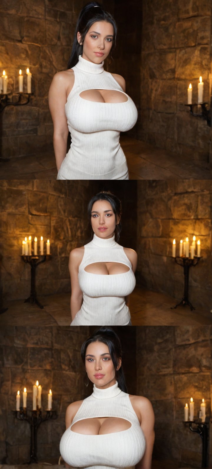 A sultry 19-year-old maiden with long black hair styled in a high ponytail, poses seductively in the dimly lit underground vintage castle. She wears a sleeveless sweater cutout, showcasing her toned skin and gigantic curvy hip. The candlelight casts volumetric shadows on her face, accentuating her lustful gaze directed straight at the viewer. Her arms are positioned behind her back, emphasizing her narrow waist and teasing cleavage.,masterpiece