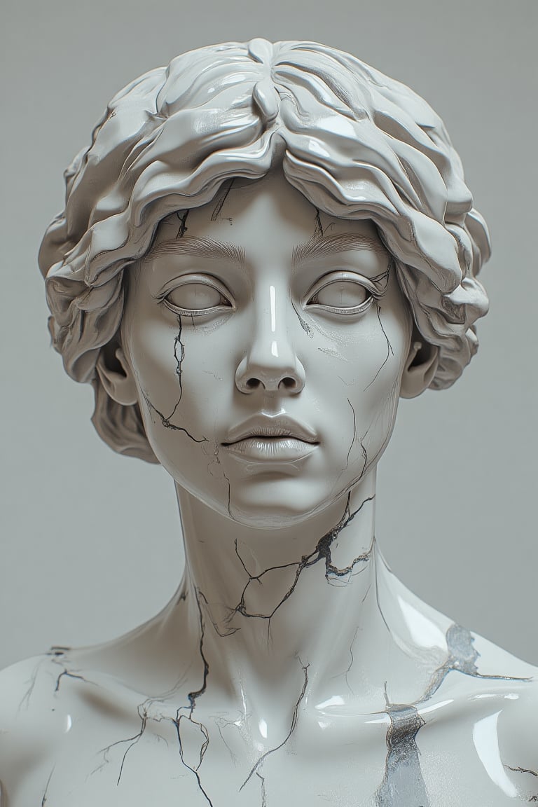 A marble statue, with cracks with multicolored reflections, this image must be Low Poly 3D art, 4K, super detailed, high quality, best shadows, high contrast, The image must have good multicolored lighting reflecting on the character, the image will be Full Shot