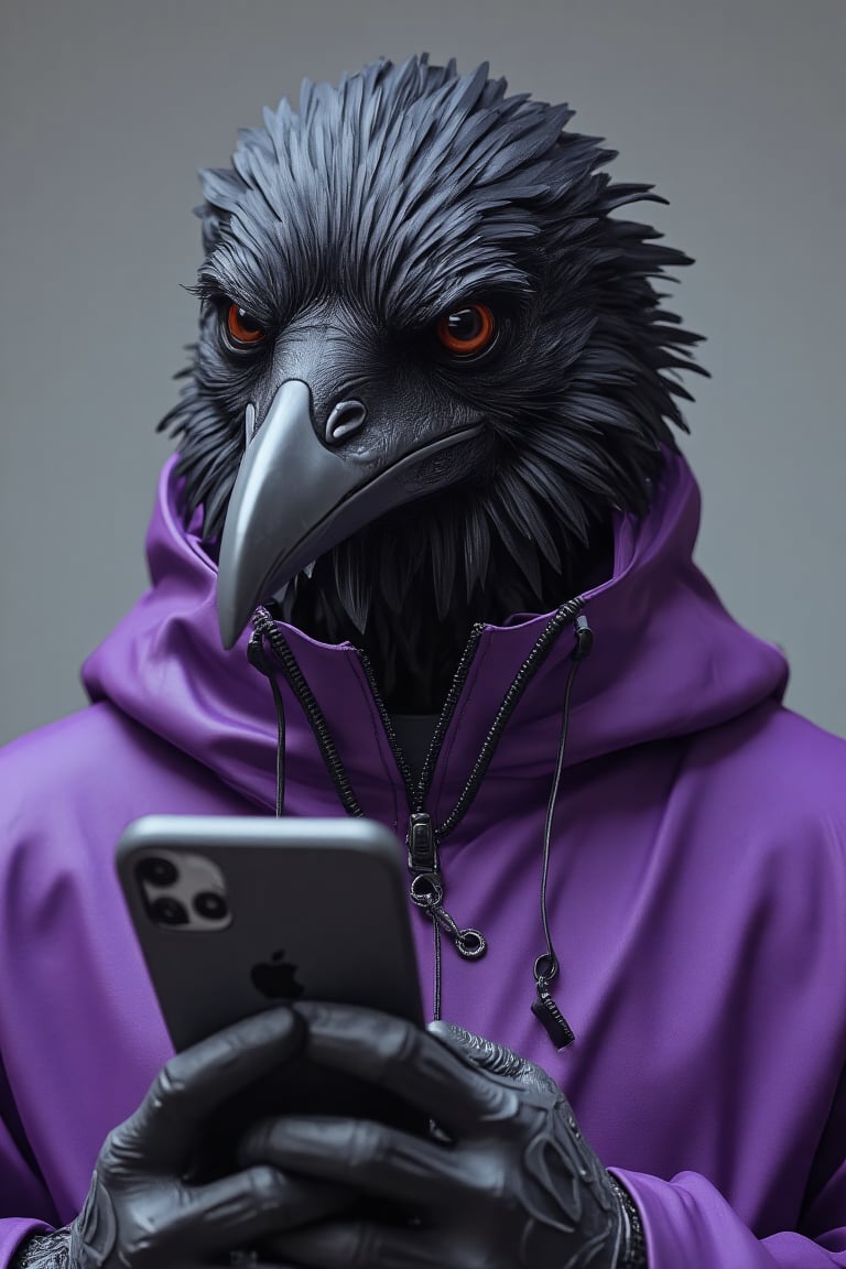 Crow wearing a purple jacket, He is using a smartphone, This image must be 3D art, 4K, super detailed, high quality, best shadows, high contrast, The image must have good lighting, reflecting on the character, The image will be Full Shot