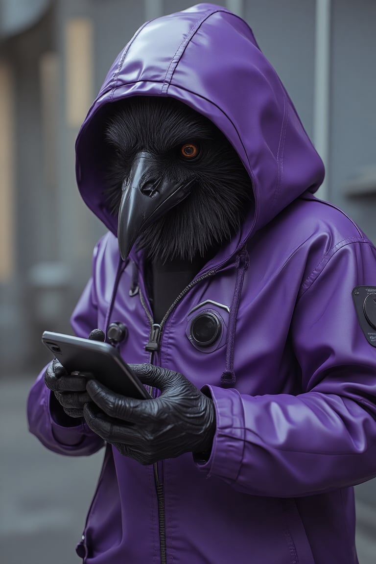 Crow wearing a purple jacket, He is using a smartphone, This image must be 3D art, 4K, super detailed, high quality, best shadows, high contrast, The image must have good lighting, reflecting on the character, The image will be Full Shot