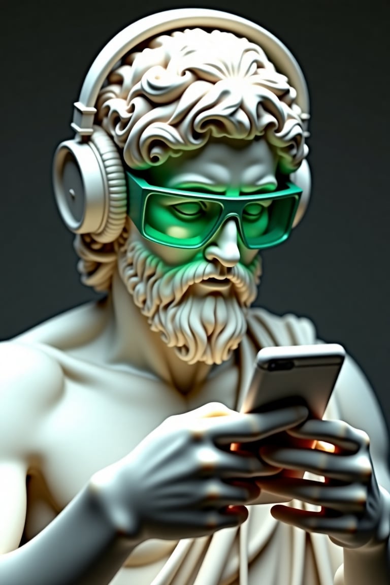 A marble Greek statue, wearing headphones and green glasses, The statue should be holding a smartphone, This image should be 3D art, 4K, super detailed, high quality, better shadows, high contrast, The image should have good lighting, reflecting on the statue, the image will be close-up.