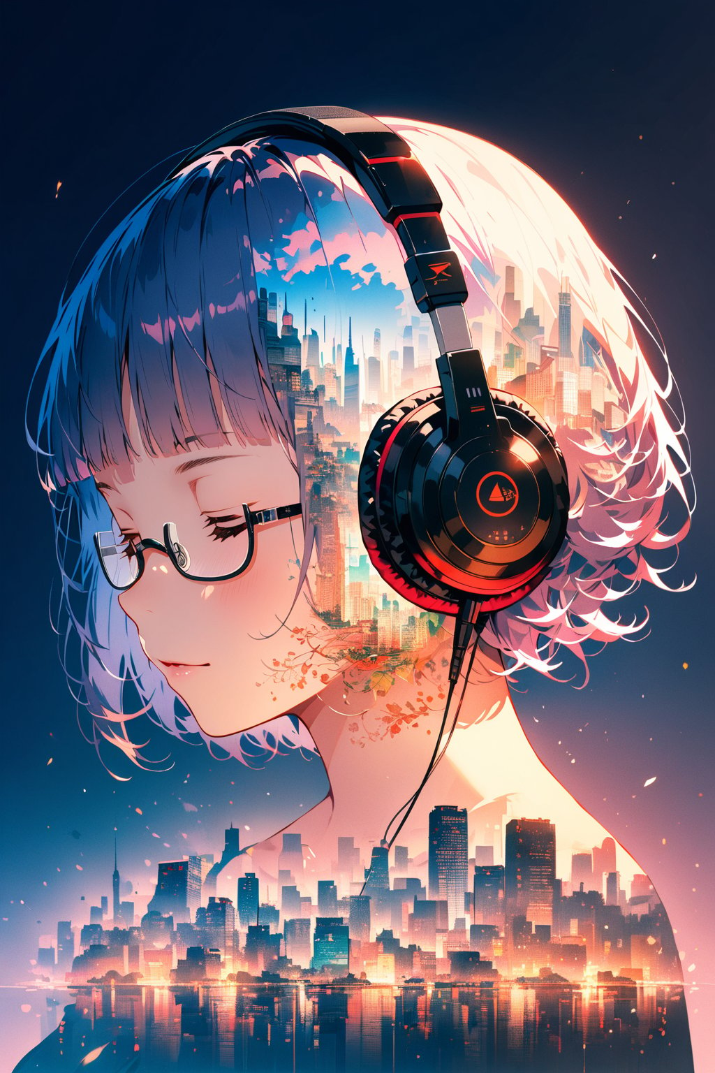 Double Exposure (extremely detailed fine touch:1.3), (((semi-rimless eyewear:1.3))), (headphone:1.2), short hair, blunt bangs, 1 girl, (from front:1.3), nude, closed eyes, The backdrop is a hyper-detailed tokyo city perfect for, Beautifully, Intricate illustrations, 