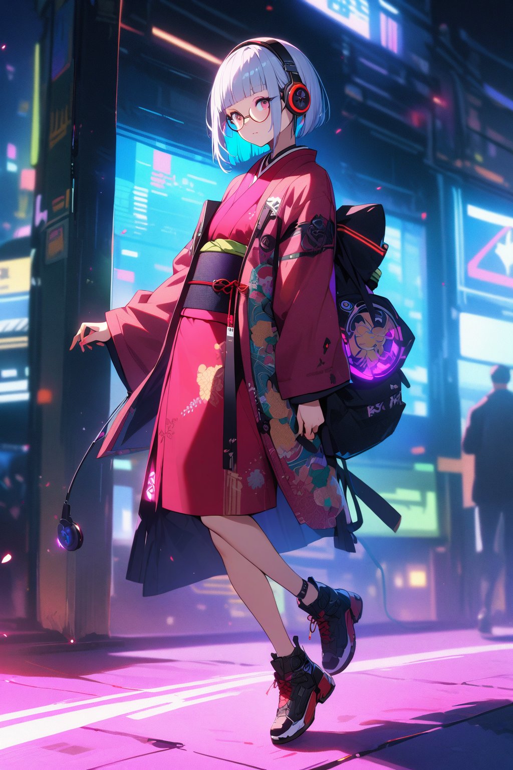 (extremely detailed fine touch:1.3), (((semi-rimless round eyewear:1.3))), (headphone:1.2), short hair, blunt bangs, 1 girl, full body, kimono, cyberpunk