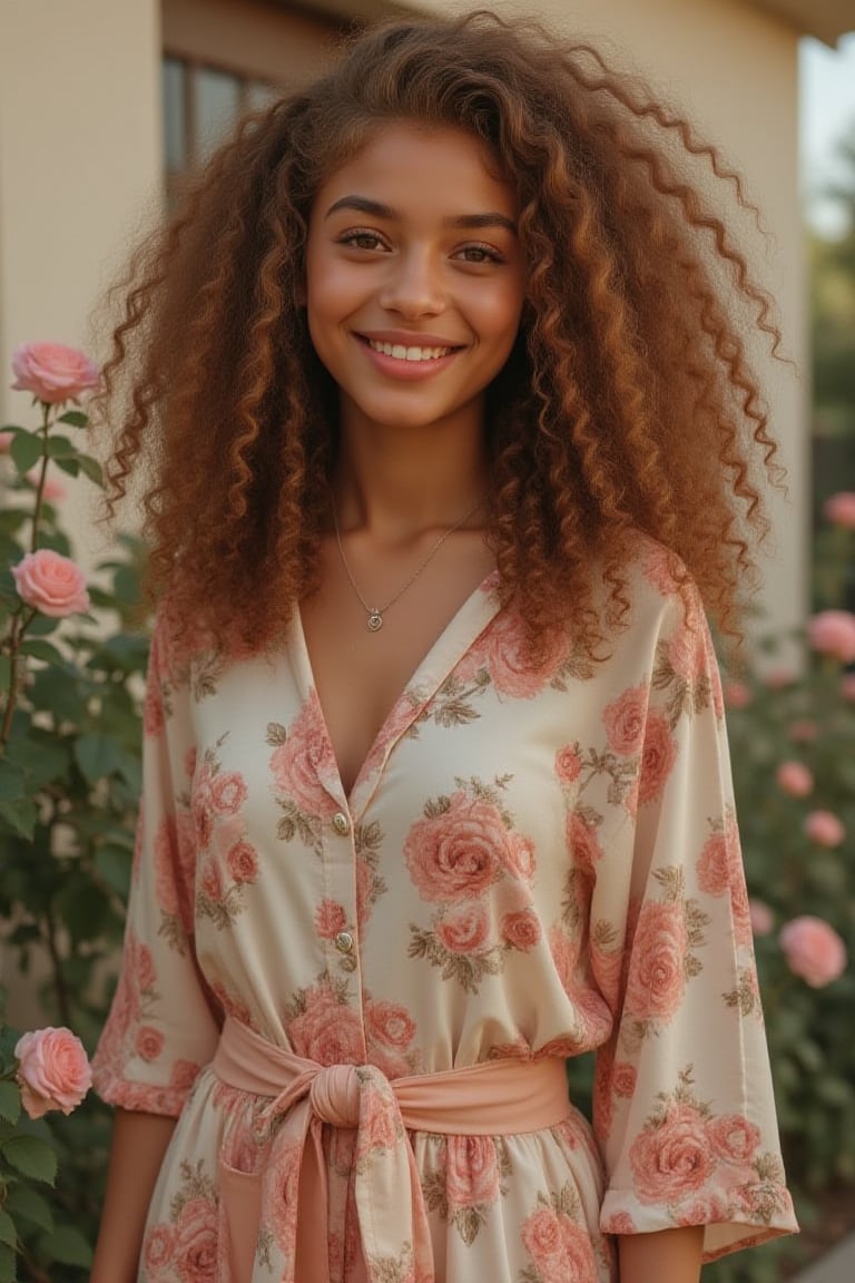 Capture a candid photo of a stunning 18-year-old girl, older teenager, blending Black and Spanish heritage. She has fluffy curly brown hair, Type 4 hair, lush and vibrant, long curly hair, middle part. 
*Setting:* outside, by a wall of a house 
*Pose:* standing around flowers, roses
*Expression:* smiling subtlety no teeth, grining 
*Outfit:* - a button down skirt with a koala print kimono
*Figure* -Average 5’3”, 120lbs