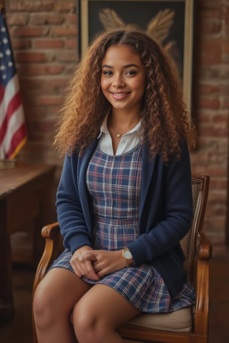 Capture a candid photo of a stunning 18-year-old girl, year-old petite teenager, young, youth, child, kid, blending Black and Spanish heritage. She has fluffy curly brown hair, Type 4 hair, lush and vibrant, long curly hair, middle part. 

"Describe a private school girl high school, school photo day, portrait, picture day, in a traditional uniform

Wearing a:
- White  blouse with a conservative collar
- Blue with red and white jumper Plaid or pleated skirt ( just above knee or shorter, not too short*)
- Navy blue or dark-colored blazer or cardigan
- White socks and black shoes (loafers or Mary Janes)

Pose:
- Sitting with hands clasped or holding a graduation hat or diploma
- Soft, gentle smile, with or without teeth 

Background:
- A warm, American flag, full brick background

Include details:
- Neat, stylish hairstyle (e.g., ponytail, loose hair)
- Minimal jewelry (e.g., simple watch, classic earrings, necklace)
- Innocent, yet captivating expression

Convey a sense of:
- Polished elegance
- Youthful charm
- Intelligent, confident demeanor"

To add subtle appeal without revealing skin:
- Emphasize the uniform's fitted silhouette
- Highlight the subject's bright, expressive eyes
- Capture a soft, natural light illuminating the scene