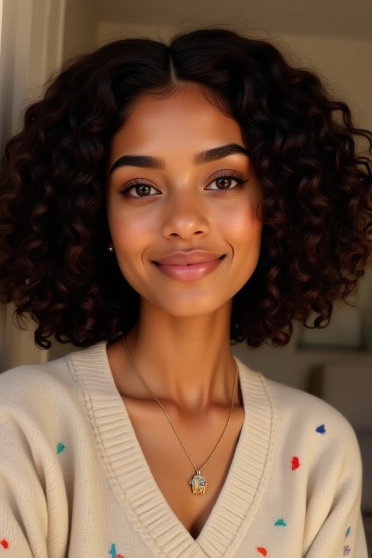 A 19-year-old melanated girl with puffy shoulder length type 4 curly hair indian brown skin mixed with puerto Rican and Cuban heritage, light brown, black American,

Neutral Expression:* "Capture a serene, symmetrical portrait of a person: - Face filling the frame - Soft, natural light - Neutral expression - Eyes looking directly at the camera - Subtle, relaxed smile" -Necklace -Subtle smile - A cream knitted sweater with colorful confetti

Natural lighting, no exposure