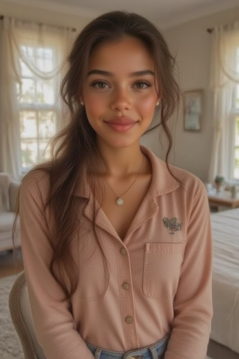 Generate a radiant, hyper-realistic portrait of a stunning teenager:

- Blended Black, Spanish, and White American heritage
- Standing in her cozy bedroom, sitting on her bed or in a chair
- Heart-shaped face, golden brown skin with a subtle tan
- Bright brown eyes, deep dimples, confident smile
- Smiling showcasing her Pearly whites, and deep dimples  small heart-shaped lips
- Thick, long, wavy hair (waist-length) in a ponytail
- Luscious curls, soft natural texture
- Sparkling eyes directly at the camera

Physique:
- 5'3", 125 lbs, 34" waist, B-cup bust
- Proportionate, fit body

Outfit:
- A hot pink hoodie with a cool print on it, light blue denim jeans
- Cute, teenage, normal girl design

Lighting:
- Soft, natural illumination

Quality:
- 16K equivalent resolution
- Photorealistic textures
- Razor-sharp edges
- Crystal-clear facial features
- Pin-sharp eyes
- Flawless skin rendering
- Advanced noise reduction
- HDR-like contrast
- Vibrant, lifelike colors
- Perfect focus, zero blur

Style: Ultra-realistic, cinematic, high-definition, masterpiece.

Additional keywords:
- High-res
- Ultra-detailed
- Photorealistic
- Sharp focus
- Crystal clarity
- Cinematic quality
- Radiant
- Glowing
- Luminous
- Highly detailed skin
- Intricately detailed hair"