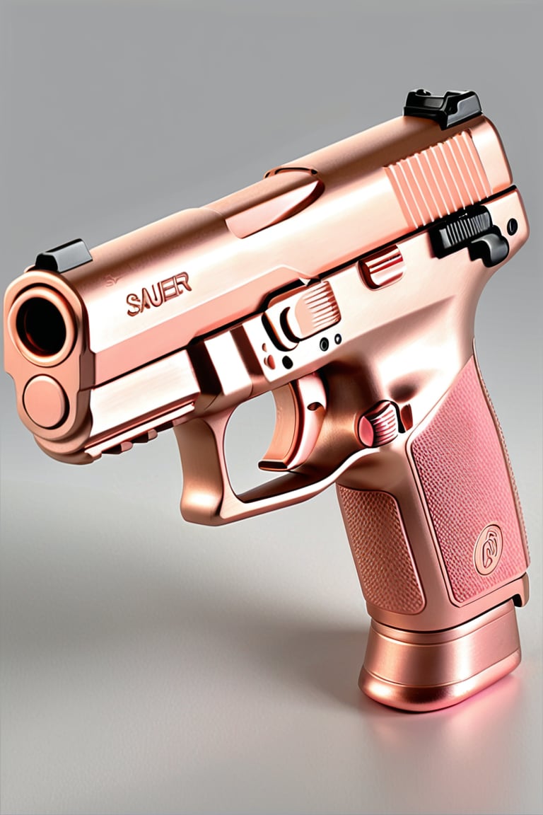 Clean Cartoon-brushstrokes Painting, crisp, simple, colored_lineart_illustration style, realistic, realism, 3D Cartoon, 3D Art, rose gold pink, p365 sig sauer pistol, compact, gun, handgun, art, beautiful, gallery, 3D, slide rose gold, grip rose gold, all rose gold, display