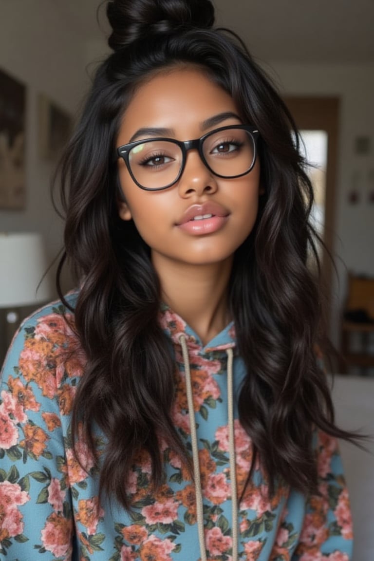 Create a breathtakingly realistic portrait of an 18-year-old mixed-heritage girl, blending South African and Japanese roots:

- Relaxing at home, in her  bedroom taking a selfie
- Cinnamon, Mocha brown skin with subtle sheen
- Almond-shaped Asian eyes, full lips, small button nose, small petite nose, braces
- Structured cheekbones, feminine features

*Hair:*

- EXTRA LONG, WAIST-LENGTH DARK HAIR (below the waist)
- LUSH, CURLY LOCKS (tail bone length)
- LONG HAIR, LONG CURLS, FLOWING HAIR
Longer hair, in a pony tail, all hair in pony tail, no hair out

*Physique:*

- Petite, toned (5'3", 125 lbs, 34" waist)
- Proportionate, realistic body

*Outfit:*

- a cute girly dope/cool printed pull over hoodie with hope and pull strings
- Matching denim jeans

*Accessories:*

- *PRESCRIPTION GLASSES* (black square framed)
- Glasses, specs, eyewear (emphasize)

*Makeup and Pose:*

- Minimal makeup, natural glow
- Confident pose, bright smile, pearly white teeth

*Essence:*

- American girl, mixed race, beautiful blend
- Captivate her relaxed, carefree spirit

*Quality:*

- Realistic, photo-real, photo-realistic, real-life
- High-resolution, ultra-detailed, photorealistic textures
- Razor-sharp edges, crystal-clear facial features, 

Square Shaped prescription glasses on all generates

Why is it so hard for you to make her hair long? Long hair please