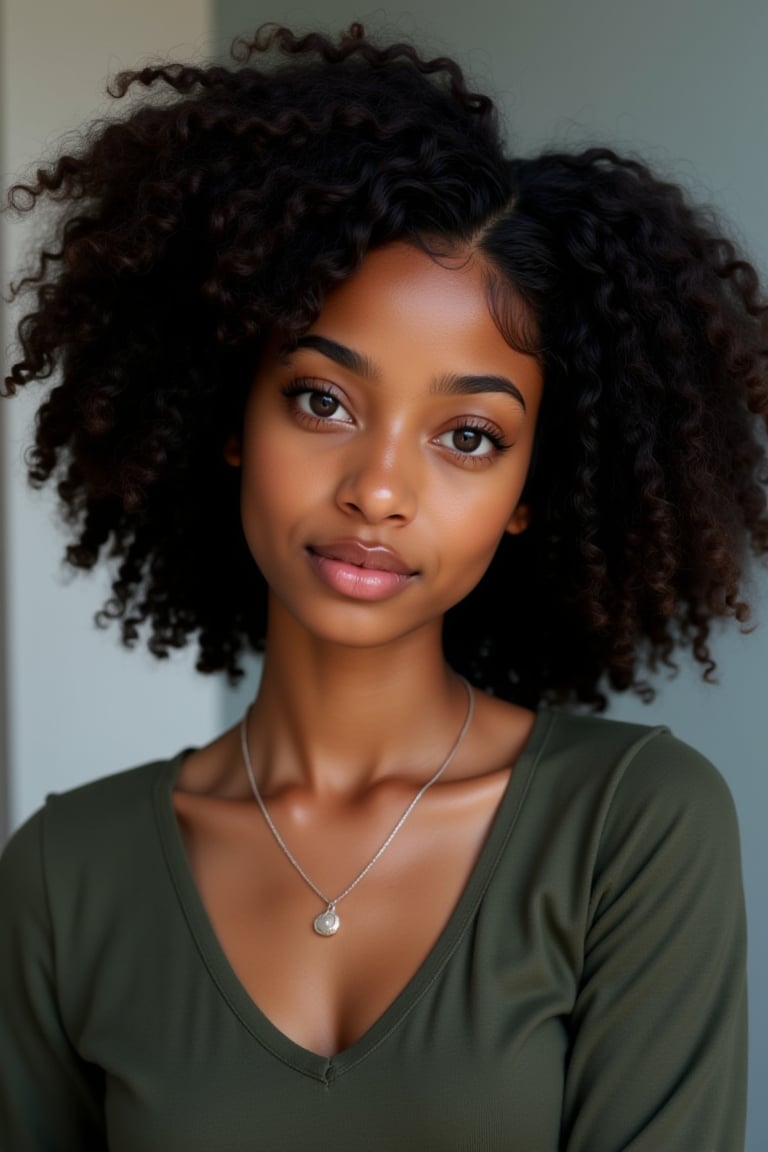 A 19-year-old melanated girl with type 4 curly hair and brown skin black girl, black American,

Neutral Expression:* "Capture a serene, symmetrical portrait of a person: - Face filling the frame - Soft, natural light - Neutral expression - Eyes looking directly at the camera - Subtle, relaxed smile" -Necklace -Subtle smile - A dark green casual top