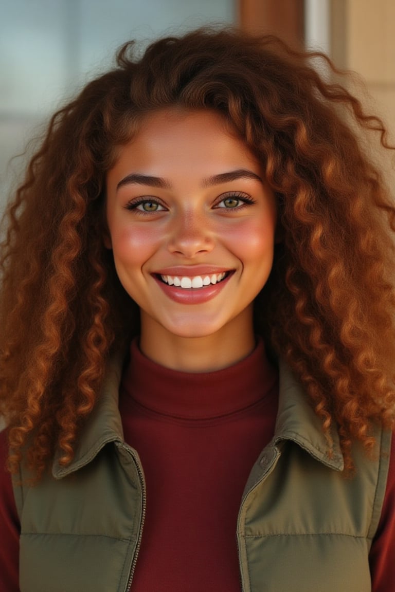 Capture a candid photo of a stunning 18-year-old girl, year-old petite teenager, young, youth, child, kid, blending Black and Spanish heritage. She has fluffy curly brown hair, Type 4 hair, lush and vibrant, long curly hair, middle part. *Softened Square Features:* 1. "Strong, yet delicate square jawline." 2. "Angular features softened by gentle curves." 3. "Square head shape with rounded edges." 4. "Feminine square face with subtle, refined lines." Describe a stunning golden brown girl with: - Curly, golden brown hair - Bright hazel eyes - button nose - Full, heart-shaped lips - Warm, radiant complexion" *Setting:* - Natural light (near a window or outside) - Soft, pastel-colored background (optional) - Minimal distractions *Pose:* - Relaxed, slight smile - Chin slightly tilted up - Shoulders back, confident posture - Hair styled naturally *Expression:* - Genuine, warm smile - Sparkling eyes - Subtle, natural makeup (optional) *Outfit* -  a long sleeve burgundy turtle neck and a green vest *Style Influences:* - Soft focus or subtle filter - Natural colors and lighting - Authentic, effortless vibe *Capture:* - A moment of self-love and confidence - A glimpse of your personality - A beautiful, genuine smile *Figure*-Average 5’3”, 115lbs,- "High-res" - "Ultra-detailed" - "Photorealistic" - "Sharp focus" - "Crystal clarity" - "Cinematic quality"