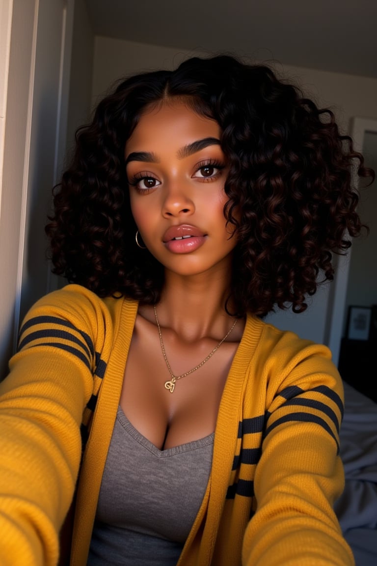 A 19-year-old melanated girl with puffy shoulder length type 4 curly hair indian brown skin mixed with puerto Rican girl, light brown, black American, takes a sultry selfie in her bedroom, posing with a mix of cute innocence and seductive bedroom eyes. She's wearing a fitted shirt and mustard yellow with dark gray stripes cardigan, showcasing her slender figure and small size A/B cup bust, small breast, Her expression is playful yet flirtatious, with lips half-open and a hint of a smile. Her quirky (((dimples))) and flirtatious freckles on cheeks. As she snaps the photo for Instagram, the cinematic lighting highlights her stunning features, with HDR and iridescent shadows emphasizing her rebellious edge. Her style is a perfect blend of American girl spirit and bad girl attitude, with a touch of promiscuous charm. Capture this moment in a clean, cartoon-brushstrokes painting style, with crisp, 3D, realistic, and ultra-detailed elements blended with professional photography and cinematic LUT. Athletic but soft body, curvy around the waist, bubble butt and petite, small breast