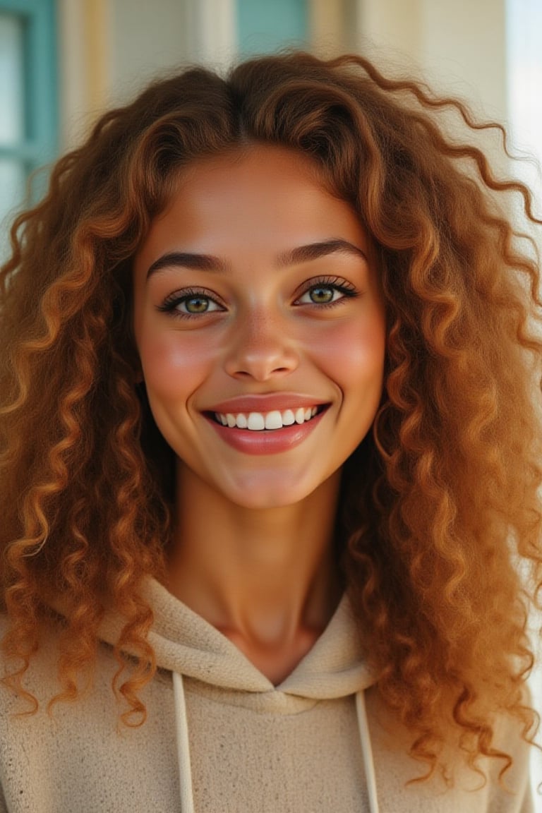 Capture a candid photo of a stunning 18-year-old girl, year-old petite teenager, young, youth, child, kid, blending Black and Spanish heritage. She has fluffy curly brown hair, Type 4 hair, lush and vibrant, long curly hair, middle part. *Softened Square Features:* 1. "Strong, yet delicate square jawline." 2. "Angular features softened by gentle curves." 3. "Square head shape with rounded edges." 4. "Feminine square face with subtle, refined lines." Describe a stunning golden brown girl with: - Curly, golden brown hair - Bright hazel eyes - button nose - Full, heart-shaped lips - Warm, radiant complexion" *Setting:* - Natural light (near a window or outside) - Soft, pastel-colored background (optional) - Minimal distractions *Pose:* - Relaxed, slight smile - Chin slightly tilted up - Shoulders back, confident posture - Hair styled naturally *Expression:* - Genuine, warm smile - Sparkling eyes - Subtle, natural makeup (optional) *Outfit* - beige printed sweater with a pull strings and a hoodie *Style Influences:* - Soft focus or subtle filter - Natural colors and lighting - Authentic, effortless vibe *Capture:* - A moment of self-love and confidence - A glimpse of your personality - A beautiful, genuine smile *Figure*-Average 5’3”, 115lbs,- "High-res" - "Ultra-detailed" - "Photorealistic" - "Sharp focus" - "Crystal clarity" - "Cinematic quality"