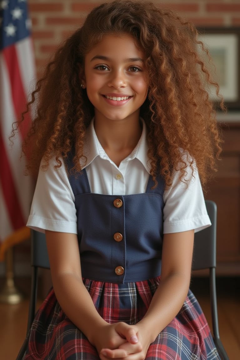 Capture a candid photo of a stunning 18-year-old girl, older teenager, blending Black and Spanish heritage. She has fluffy curly brown hair, Type 4 hair, lush and vibrant, long curly hair, middle part. 
"Describe a private school girl in a traditional uniform:

Wearing a:
- White  blouse with a conservative collar
- Blue with red and white jumper Plaid or pleated skirt ( just above knee or shorter, not too short*)
- Navy blue or dark-colored blazer or cardigan
- White socks and black shoes (loafers or Mary Janes)

Pose:
- Sitting with hands clasped or holding a graduation hat or diploma
- Soft, gentle smile, with or without teeth 

Background:
- A warm, American flag, full brick background

Include details:
- Neat, stylish hairstyle (e.g., ponytail, loose hair)
- Minimal jewelry (e.g., simple watch, classic earrings, necklace)
- Innocent, yet captivating expression

Convey a sense of:
- Polished elegance
- Youthful charm
- Intelligent, confident demeanor"

To add subtle appeal without revealing skin:
- Emphasize the uniform's fitted silhouette
- Highlight the subject's bright, expressive eyes
- Capture a soft, natural light illuminating the scene