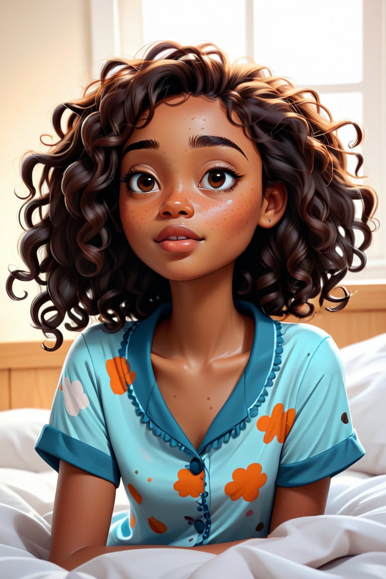 Clean Cartoon-brushstrokes Painting, crisp, simple, colored_lineart_illustration style, 1 woman, (21 years old), melanated female, brown skin, dark skin, type 4 hair, curly hair, realism, waking up, in bed, bed hair, morning, tired, beautiful, quirky, dimples, feminine, soft, freckles, whimsical, happy, young, vibrant, adorable, pajamas, slender/petite body shape, normal size head, head that fits body, high quality, masterpiece ,3D