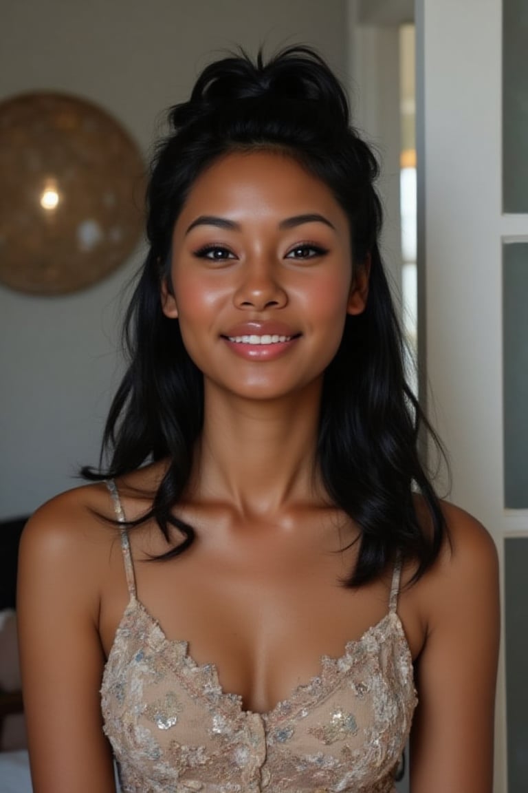 Create a breathtakingly realistic portrait of an 18-year-old mixed-heritage girl, blending South African and Japanese roots: - Relaxing at home, in her bedroom reading a book - Cinnamon, Mocha brown skin with subtle sheen - Almond-shaped Asian eyes, full lips, small button nose, small petite nose, braces - Structured cheekbones, feminine features *Hair:* - EXTRA LONG, WAIST-LENGTH DARK HAIR (below the waist) - LUSH, CURLY LOCKS (tail bone length) - LONG HAIR, LONG CURLS, FLOWING HAIR Longer hair, in a pony tail, all hair in pony tail, no hair out, scroungy, Barrett holding hair. *Physique:* - Petite, toned (5'3", 125 lbs, 34" waist) - Proportionate, realistic body *Outfit:* - a a sundress and a crop top *Accessories:* - *PRESCRIPTION GLASSES* (black square framed) - Glasses, specs, eyewear (emphasize) *Makeup and Pose:* - Minimal makeup, natural glow - Confident pose, bright smile, pearly white teeth *Essence:* - American girl, mixed race, beautiful blend - Captivate her relaxed, introvert, care free, home body *Quality:* - Realistic, photo-real, photo-realistic, real-life - High-resolution, ultra-detailed, photorealistic textures - Razor-sharp edges, crystal-clear facial features, Square Shaped prescription glasses on all generates Why is it so hard for you to make her hair long? Long hair please
Negative prompt: (((Low-quality))), (((Low quality))), Low-quality rendering, duplicated body parts, distorted anatomy, pixelated details, inconsistent lighting, blurry edges, awkward poses, mismatched colors, repetitive patterns, unbalanced composition, unclear focal point, exaggerated features, overlapping elements, chaotic arrangement, unnatural expressions, fragmented shapes, low-resolution textures, skewed perspectives, redundant forms, disjointed visuals, erratic proportions, faded colors, unrefined outlines, clashing styles, indistinct backgrounds, errant shadows, unoriginal ideas, jarring contrasts, muddled imagery, incoherent designs, Over-saturated colors, extreme blur, distorted hues, unclear details, vibrant but fuzzy, excessive brightness, muddled visuals, chaotic color palette, soft focus, jarring contrasts, Pixelated grid, blocky textures, low-resolution squares, jagged edges, grid-like appearance, pixelated patterns, coarse details, mosaic effect, fragmented visuals, low-quality pixelation, logo, watermark, she's wearing glasses.