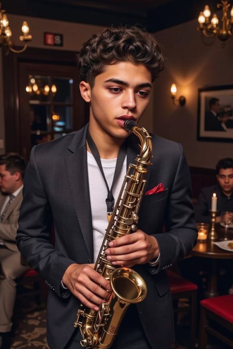 A stunning Spanish,  and black boy with blue eyes and light brown skin,  and short curly brown hair. _General:_ An intimat...