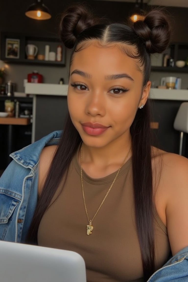 Create a stunning portrait of an 18-year-old mixed-heritage girl,  blending South African and Japanese roots: - Chilling,...