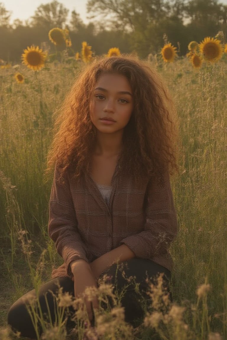 Capture a candid photo of a stunning 18-year-old girl, year-old petite teenager, young, youth, child, kid, blending Black and Spanish heritage. She has fluffy curly brown hair, Type 4 hair, lush and vibrant, long curly hair, middle part. *Setting:* outside, sitting in grass and flowers *Pose:* sitting in a park by grass and sunflowers *Expression:* either Sultry, playful, duck and mischievous. Instagram facial expressions 8Outfit:* -Oversized flannel shirt, black leggings, ankle boots, sneakers *Figure* -Average 5’3”, 125lbs