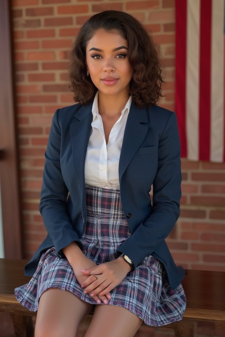 Generate an image of a stunning 17-year-old woman, blending White and Spanish heritage. She has short wavy hair, lush and vibrant, falling in loose waves down her back. 
"Describe a private school girl in a traditional uniform:

Wearing a:
- White  blouse with a conservative collar
- Blue with red and white jumper Plaid or pleated skirt ( just above knee or shorter, not too short*)
- Navy blue or dark-colored blazer or cardigan
- White socks and black shoes (loafers or Mary Janes)

Pose:
- Sitting with hands clasped or holding a graduation hat or diploma
- Soft, gentle smile, with or without teeth 

Background:
- A warm, American flag, full brick background

Include details:
- Neat, stylish hairstyle (e.g., ponytail, loose hair)
- Minimal jewelry (e.g., simple watch, classic earrings, necklace)
- Innocent, yet captivating expression

Convey a sense of:
- Polished elegance
- Youthful charm
- Intelligent, confident demeanor"

To add subtle appeal without revealing skin:
- Emphasize the uniform's fitted silhouette
- Highlight the subject's bright, expressive eyes
- Capture a soft, natural light illuminating the scene