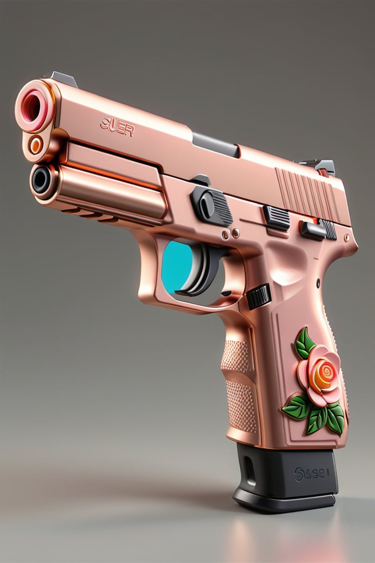 Clean Cartoon-brushstrokes Painting, crisp, simple, colored_lineart_illustration style, realistic, realism, 3D Cartoon, 3D Art, rose gold pink, p365 sig sauer pistol, compact, gun, handgun, art, beautiful, gallery, 3D, colorful flowers, slide rose gold, grip rose gold, all rose gold