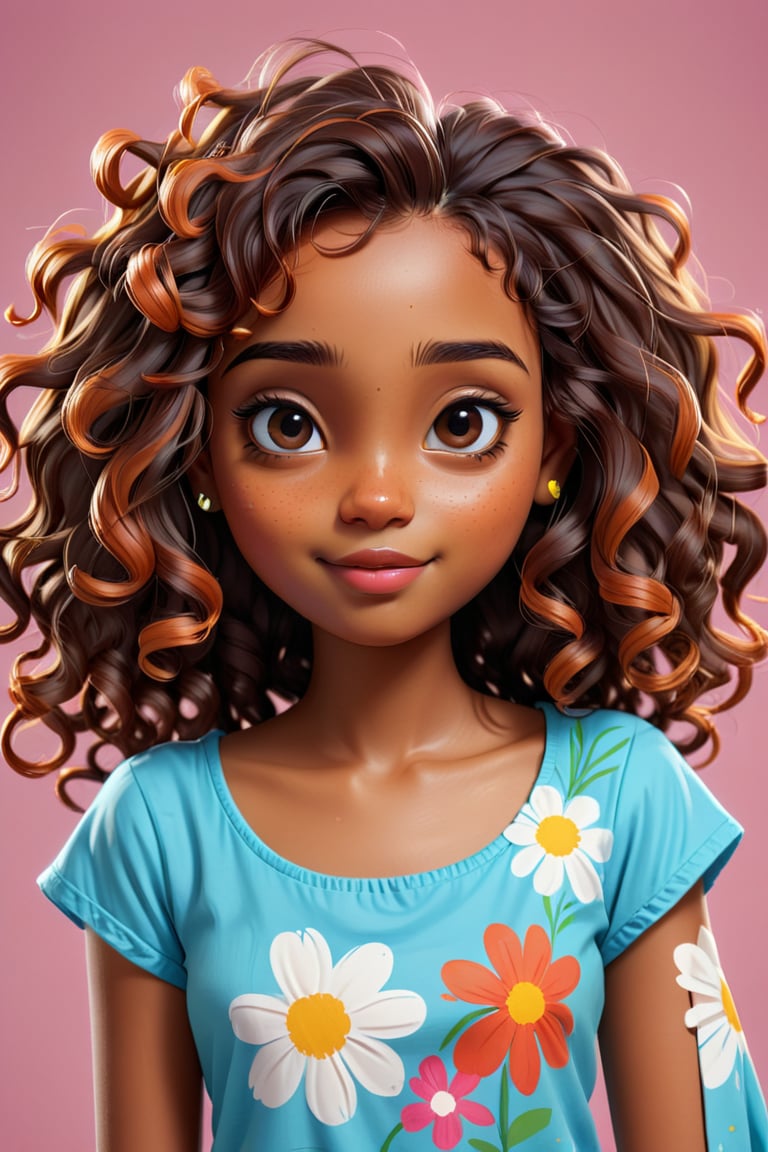 Clean Cartoon-brushstrokes Painting, crisp, simple, colored_lineart_illustration style, 1 woman, doing (random) activities, (21 years old), real, realistic, realism, melanated female, brown skin, dark skin, cinnamon brown skin, indian, type 4 hair, dark brown hair, curly hair, beautiful, quirky, dimples, feminine, soft, whimsical, happy, young, vibrant, adorable, slender/petite body shape, normal size head, head that fits body, high quality, masterpiece ,3D