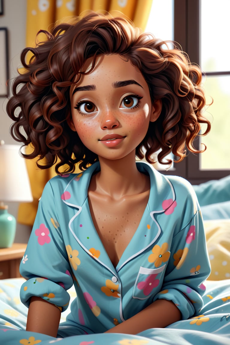 Clean Cartoon-brushstrokes Painting, crisp, simple, colored_lineart_illustration style, 1 woman, (21 years old), real, realistic, realism, melanated female, brown skin, dark skin, cinnamon brown skin, type 4 hair, dark brown hair, curly hair, realism, waking up, in bed, bed hair, morning, tired, beautiful, quirky, dimples, feminine, soft, facial freckles, whimsical, happy, young, vibrant, adorable, pajamas, slender/petite body shape, normal size head, head that fits body, high quality, masterpiece ,3D