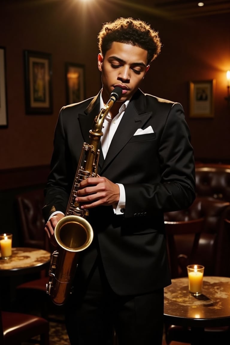 A stunning Spanish,  and black boy with blue eyes and light brown skin,  and short curly brown hair. _General:_ An intimat...