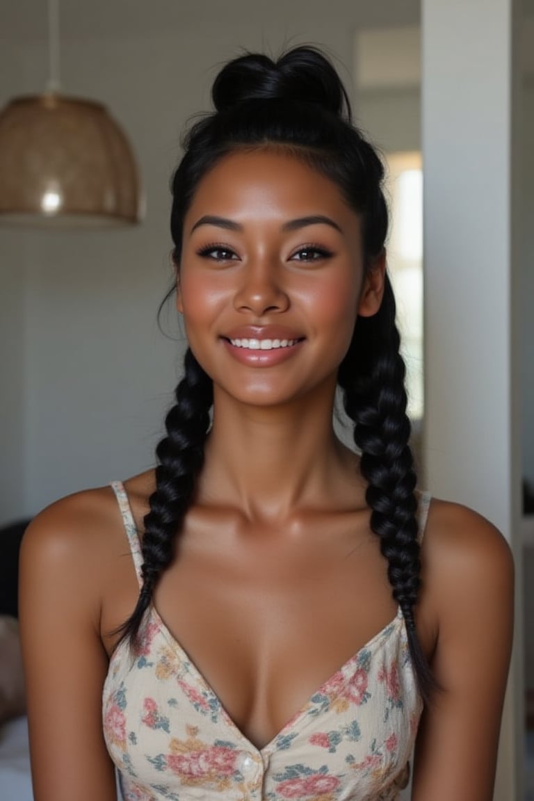 Here's the rewritten prompt in words:

"Create a stunning portrait of an 18-year-old mixed-heritage girl, blending South African and Japanese roots:

- Chilling, hanging out at home, in  her bedroom with her laptop
- Cinnamon, Mocca brown skin with subtle sheen
- Almond-shaped asian eyes, full lips, small button nose, small petite nose, braces, 
- Structured cheek bones, feminine features, 
- Long straight hair in two braids, all hair in braids, light hair out on the side
- Petite, toned physique (5'3", 125 lbs, 34" waist) head fits body, realistic body
- Chic pajamas
- Minimal makeup, natural glow
- Confident pose, bright smile, pearly white teeth

Capture her essence: American girl, mixed race, beautiful blend."

Realistic, photo real, photo realistic, real