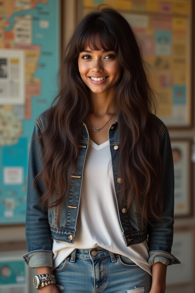 Long hair with a front bang
Brown eyes shining, small button nose, small full lips
confident and bright
Petite, curvy, cool-girl stride
White shirt, loose dark blue jean jacket and loose jeans, denim, Levi,
Straight face, smiling with eyes,
Private citizen, beautiful form
Inspired by nyc female rapper boog the bandit
Light skin