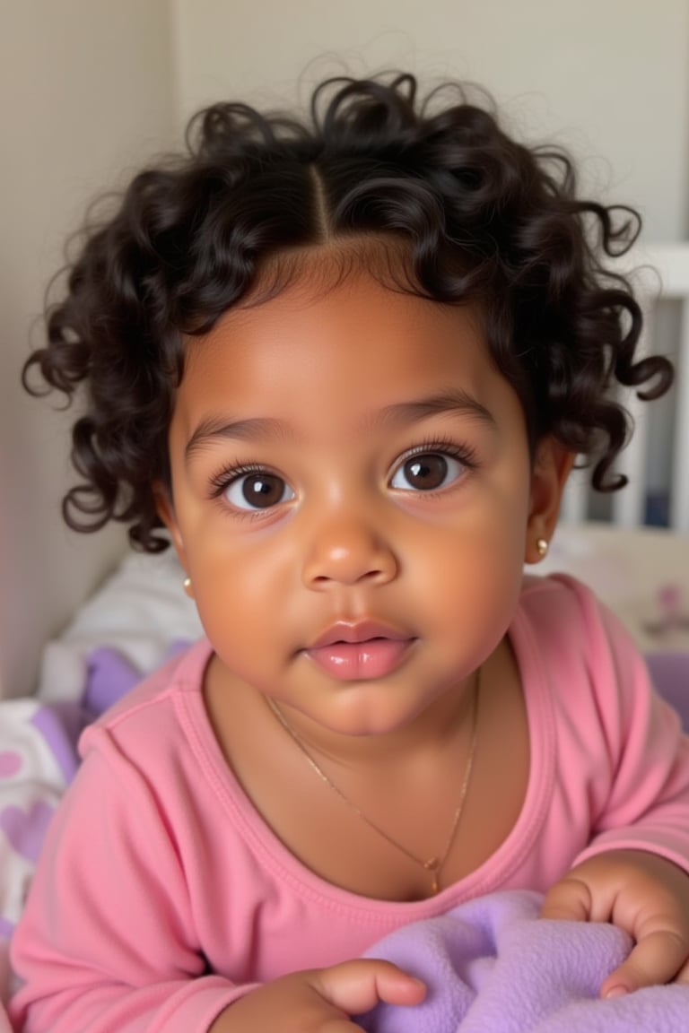 A baby melanated girl with curly hair, baby soft hair, short baby hair, indian brown skin mixed with puerto Rican and Cuban heritage, light brown, black American,

At home in the bathroom on a baby pink and purple blanket in her crib

*Baby's Face:*
Adorable round
Bright curious eyes
Button nose
Plump rosy cheeks
Sweet gentle smile

*Baby's Personality:*
Curious adventurous
Giggly playful
Snuggly affectionate
Happy energetic

*Baby's Features:*
Soft curly hair
Chubby little hands
Tiny feet