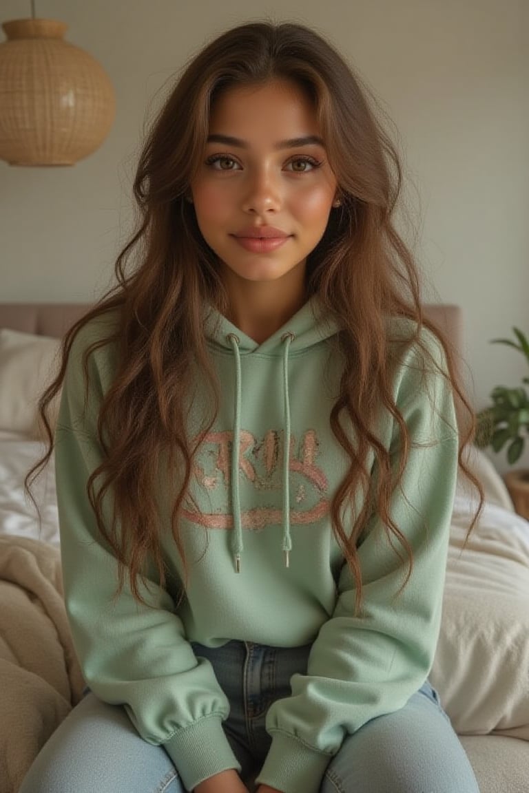 Generate a radiant, hyper-realistic portrait of a stunning teenager:

- Blended Black, Spanish, and White American heritage
- in her cozy bedroom, sitting on a chair or on her bed, 
- Heart-shaped face, golden brown skin with a subtle tan
- Bright brown eyes, deep dimples, confident smile
- Pearly whites, small heart-shaped lips
- Thick, long, wavy hair (waist-length) in a ponytail
- Luscious curls, soft natural texture
- Sparkling eyes directly at the camera

Physique:
- 5'3", 125 lbs, 34" waist, B-cup bust
- Proportionate, fit body

Outfit:
- A Pastel Green TRILL hoodie with a cool print on it, light blue denim jeans
- Cute, teenage, normal girl design

Lighting:
- Soft, natural illumination

Quality:
- 16K equivalent resolution
- Photorealistic textures
- Razor-sharp edges
- Crystal-clear facial features
- Pin-sharp eyes
- Flawless skin rendering
- Advanced noise reduction
- HDR-like contrast
- Vibrant, lifelike colors
- Perfect focus, zero blur

Style: Ultra-realistic, cinematic, high-definition, masterpiece.

Additional keywords:
- High-res
- Ultra-detailed
- Photorealistic
- Sharp focus
- Crystal clarity
- Cinematic quality
- Radiant
- Glowing
- Luminous
- Highly detailed skin
- Intricately detailed hair"