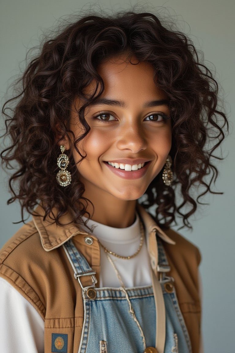 2 thick braids, curly/wavy hair messy
Brown eyes shining, small button nose, small full lips
confident and bright
Petite, curvy, cool-girl stride
White shirt, jacket and loose jeans, denim, Levi,
Straight face, smiling with eyes,
Private citizen, beautiful form
Inspired by nyc female rapper boog the bandit
Light skin