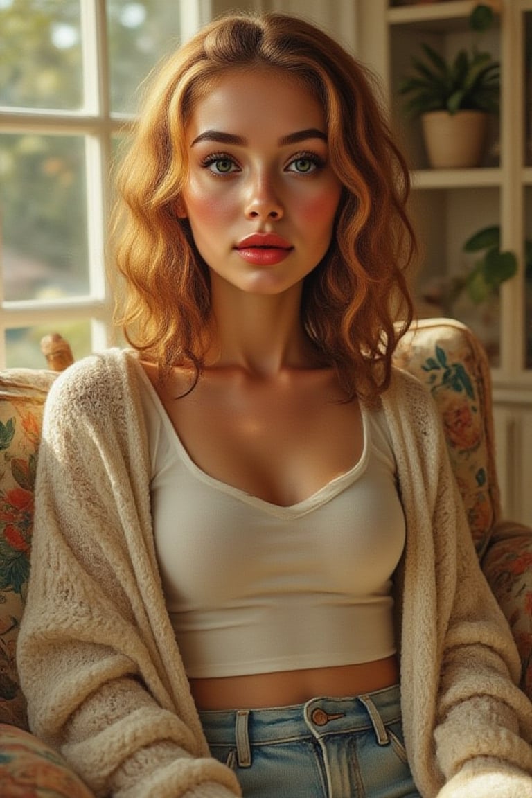 Relaxed and radiant,  she lounges at home,  surrounded by cozy warmth. Soft sunlight filters through the window by A. Iris...
