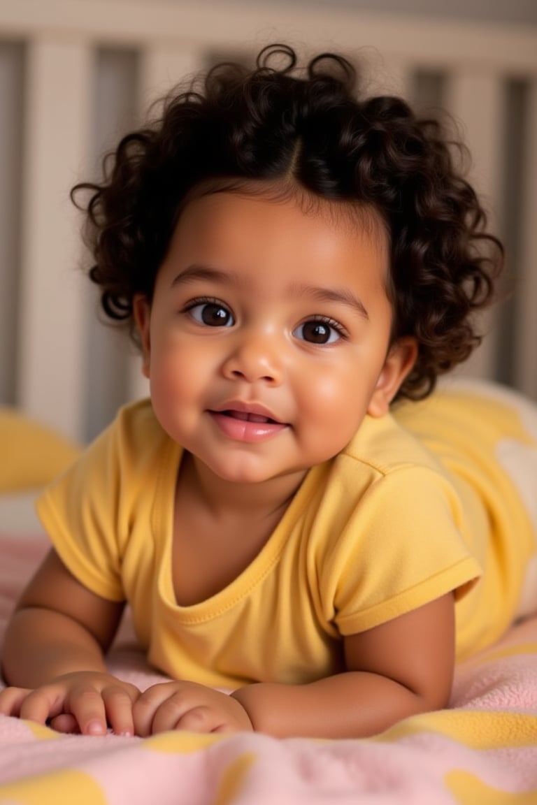 A baby melanated girl with curly hair, baby soft hair, short baby hair, indian brown skin mixed with puerto Rican and Cuban heritage, light brown, black American,

At home on a baby pink and yellow blanket in her crib

*Baby's Face:*
Adorable round
Bright curious eyes
Button nose
Plump rosy cheeks
Sweet gentle smile

*Baby's Personality:*
Curious adventurous
Giggly playful
Snuggly affectionate
Happy energetic

*Baby's Features:*
Soft curly hair
Chubby little hands
Tiny feet